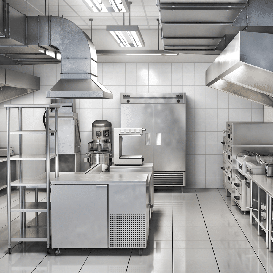 Commercial stainless steel preparation area and cooking equipment